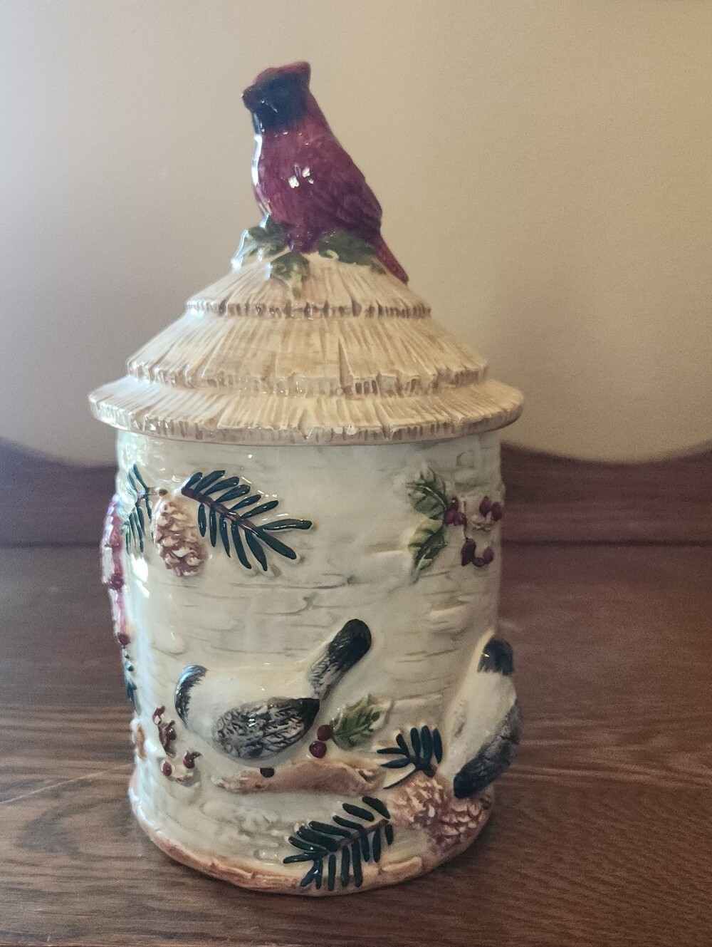 Make The Season Bright Ceramic Bird Canister with Cardinal Lid - Red and Cream